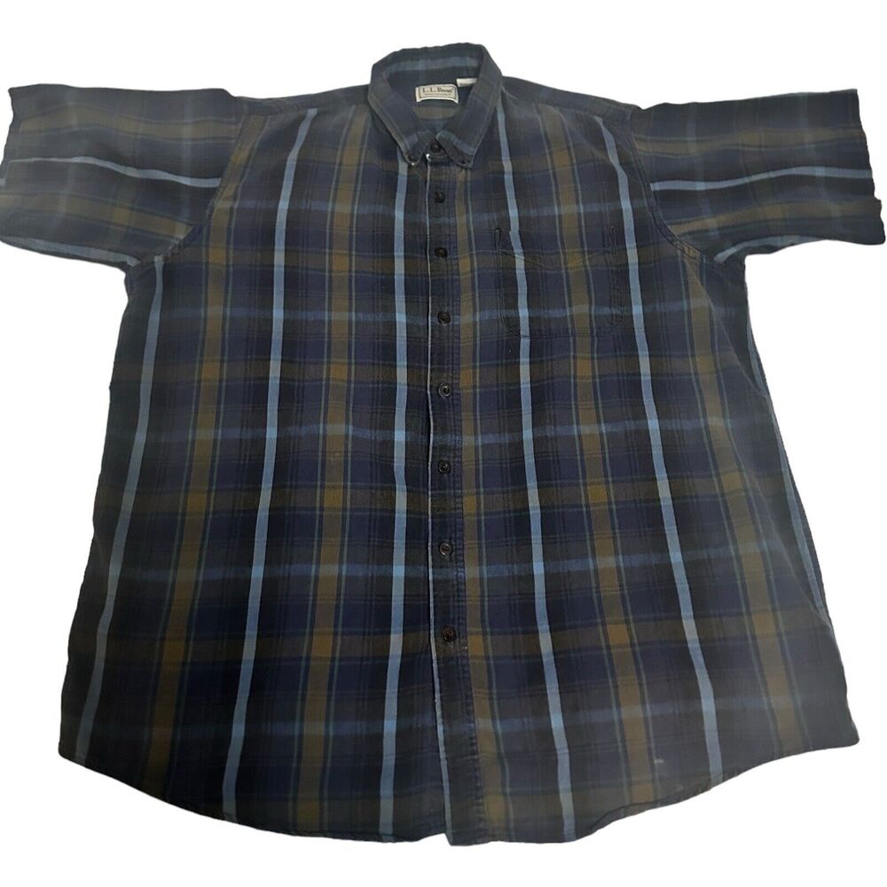 LL Bean Mens Vintage Blue Plaid Short Sleeve Button Up Shirt Sz Tall Large USA